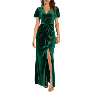 image:imageSimplee Womens Twist Front V Neck Velvet Maxi Dress Short Sleeve Fall Wedding Guest Long Semi Formal Dress with SlitGreen