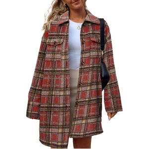 image:imageSimplee Womens Cropped Flannel Plaid Shacked Wool Blend Jacket CoatWine Red