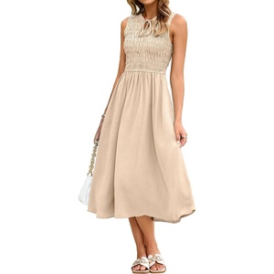 image:imageSimplee Womens Summer Smocked Midi Sundress V Neck Sleeveess Boho A Line Sun Dress with PocketsApricot